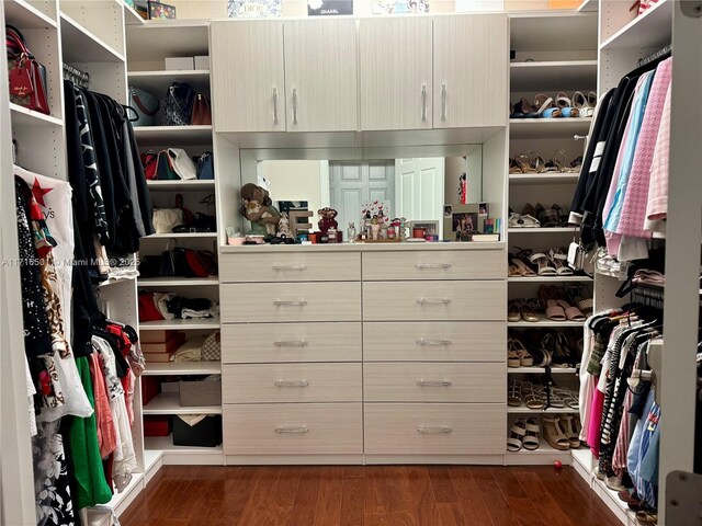 walk in closet with dark wood-type flooring