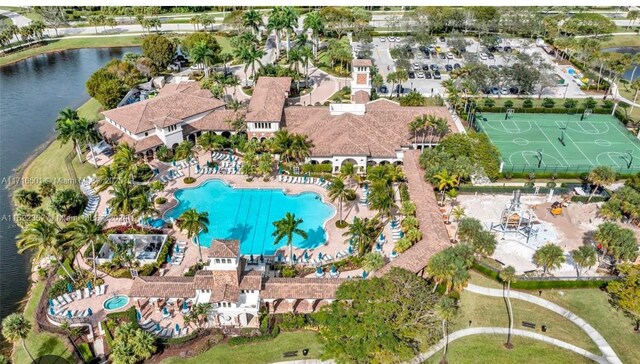 aerial view featuring a water view