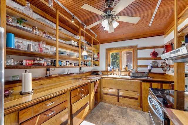 kitchen featuring sink, ceiling fan, butcher block counters, track lighting, and wooden ceiling