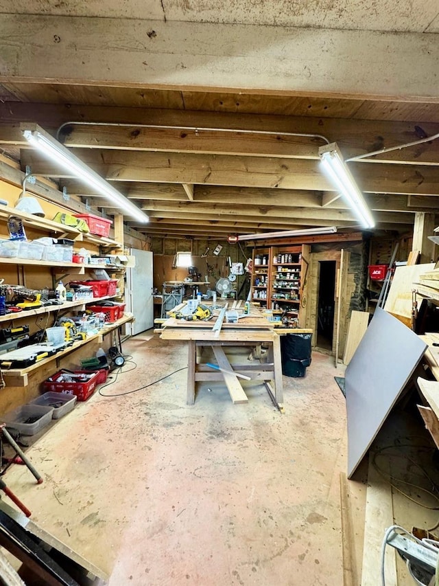 basement with a workshop area