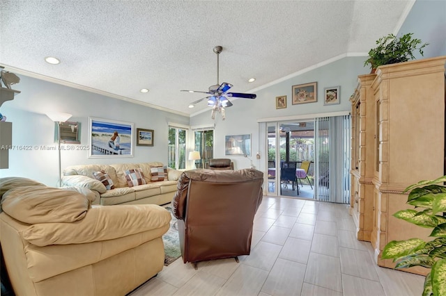 living room featuring a healthy amount of sunlight, lofted ceiling, and a textured ceiling