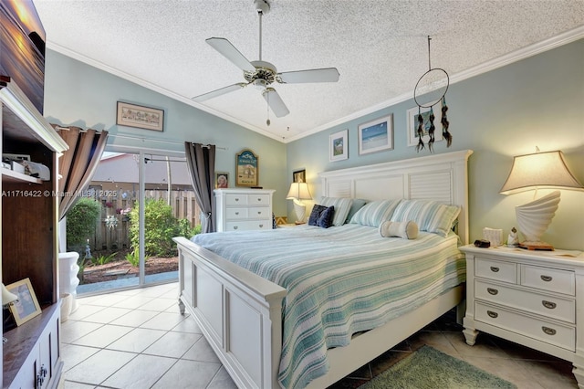 tiled bedroom with access to exterior, a textured ceiling, ceiling fan, and lofted ceiling