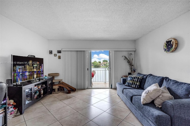 tiled living room with a textured ceiling