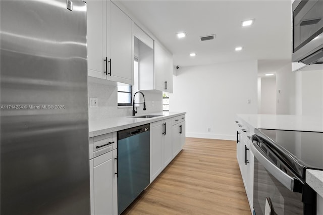 kitchen with tasteful backsplash, stainless steel appliances, sink, light hardwood / wood-style flooring, and white cabinetry