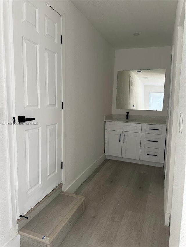 bathroom with vanity and hardwood / wood-style flooring