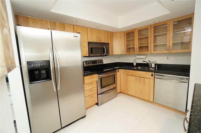 kitchen featuring dark countertops, a tray ceiling, appliances with stainless steel finishes, and a sink