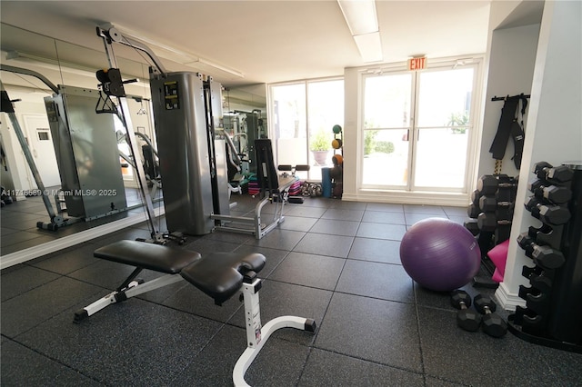 exercise room featuring floor to ceiling windows