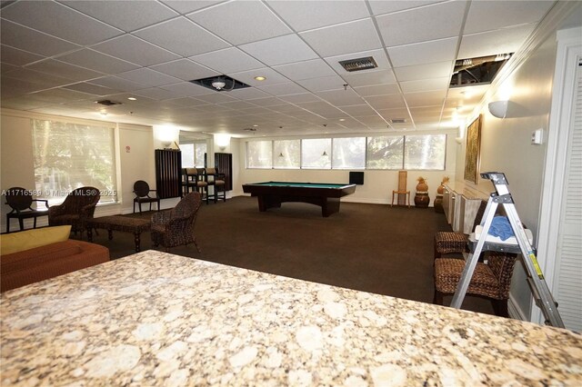 playroom featuring carpet flooring, a healthy amount of sunlight, and billiards