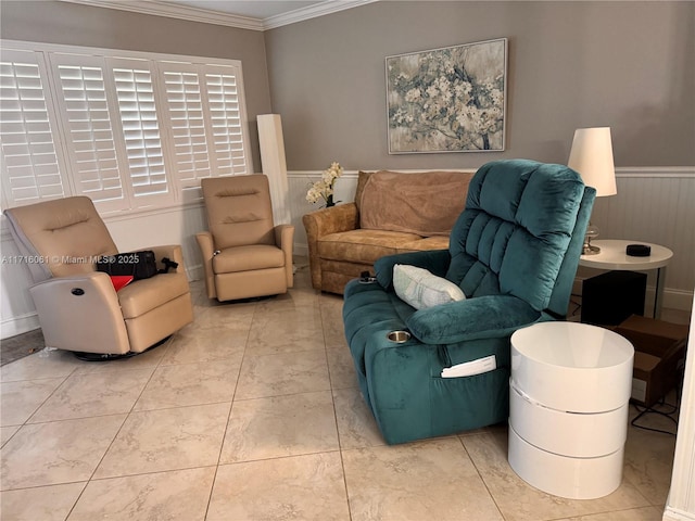 living room with tile patterned floors and crown molding