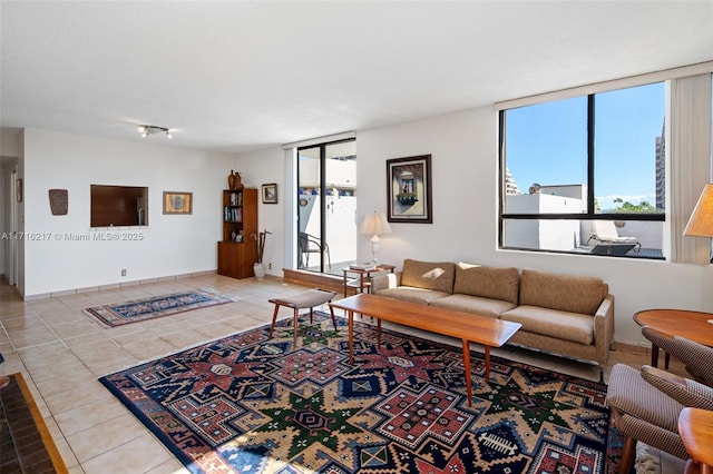 tiled living room featuring a wealth of natural light