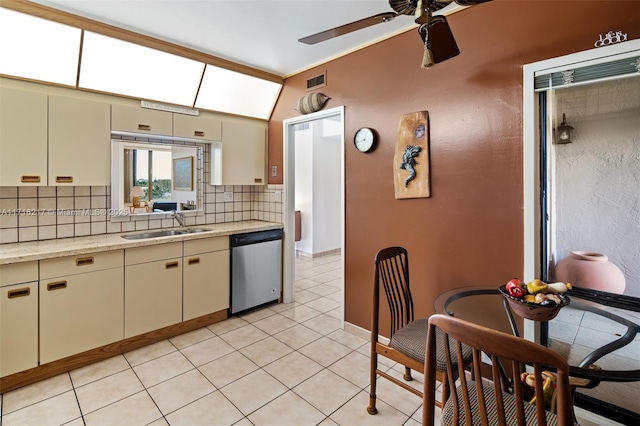 kitchen featuring ceiling fan, sink, stainless steel dishwasher, cream cabinetry, and decorative backsplash