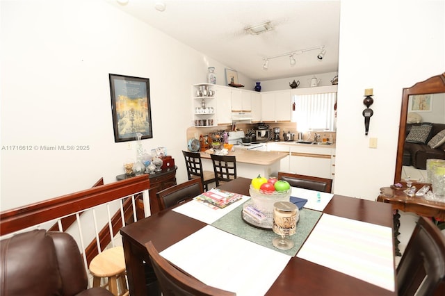 dining space featuring sink and lofted ceiling