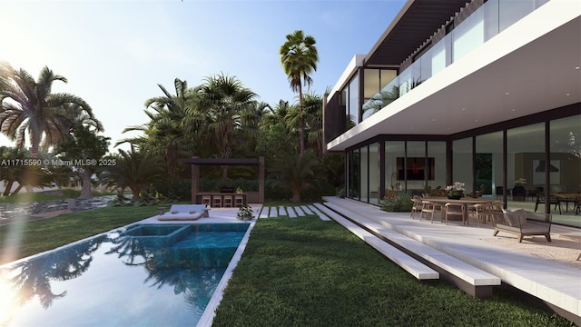 view of pool with a yard, an outdoor bar, and a patio