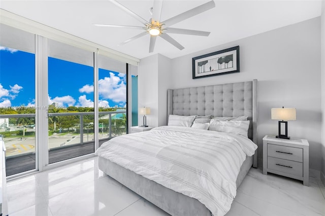 bedroom with floor to ceiling windows, ceiling fan, and access to exterior