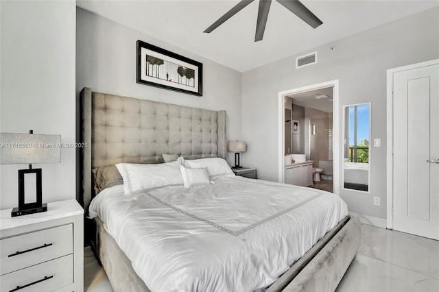 bedroom featuring ensuite bathroom and ceiling fan