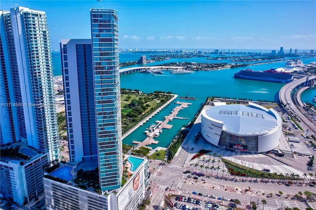 drone / aerial view featuring a water view