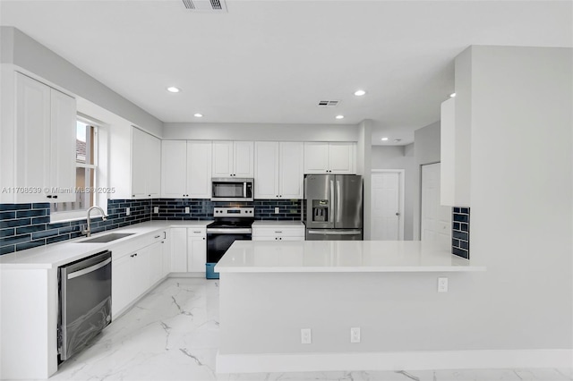 kitchen featuring sink, backsplash, kitchen peninsula, white cabinets, and appliances with stainless steel finishes