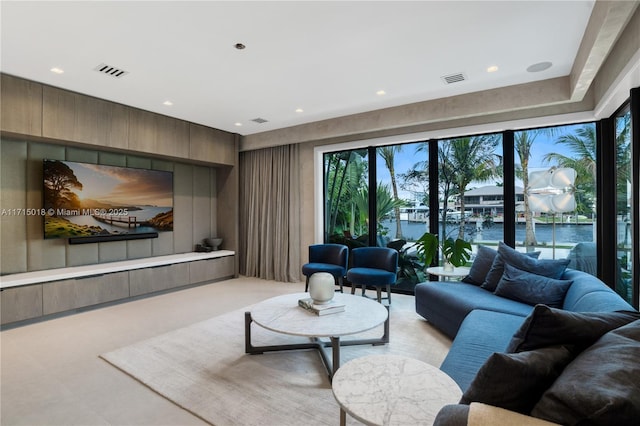 living room with a water view