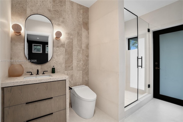 bathroom with vanity, backsplash, toilet, tile walls, and an enclosed shower