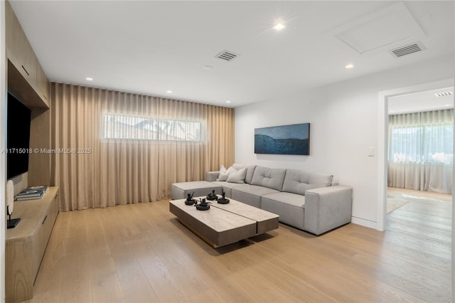 living room featuring light wood-type flooring and plenty of natural light