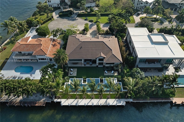 aerial view featuring a water view