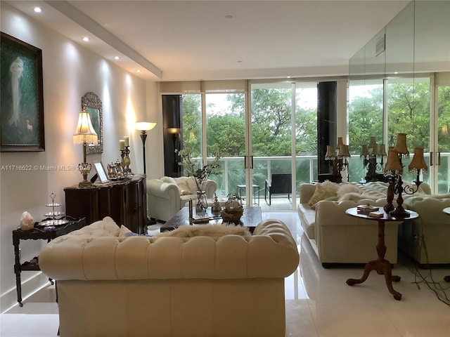 tiled living room with plenty of natural light