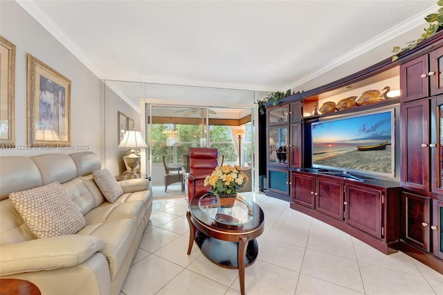 tiled living room featuring ornamental molding