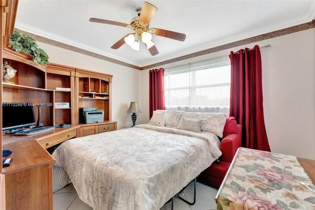 bedroom featuring a textured ceiling, ceiling fan, and crown molding