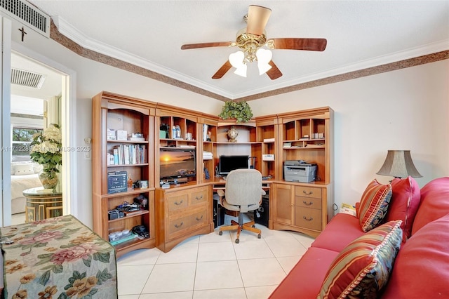 office with ceiling fan, light tile patterned flooring, and crown molding