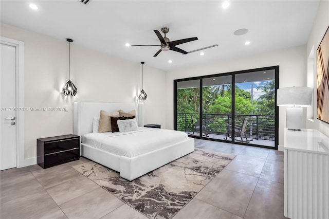 bedroom featuring access to outside, ceiling fan, and concrete floors