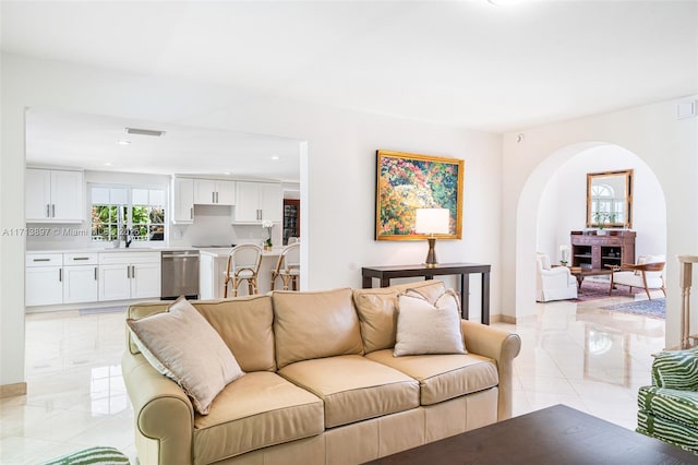 living room with sink