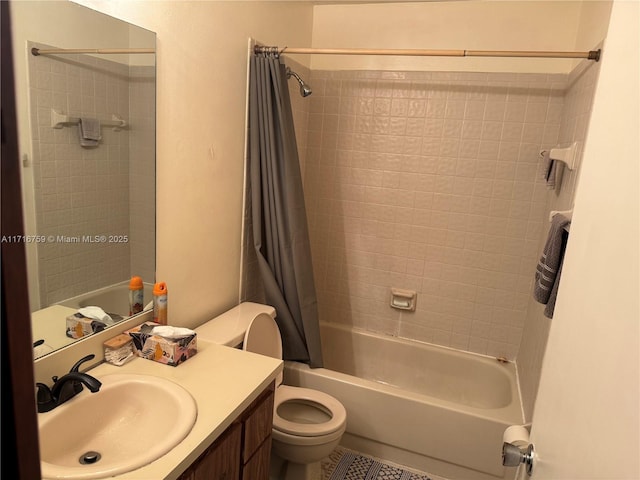 full bathroom with vanity, toilet, and shower / bathtub combination with curtain