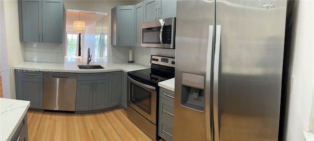 kitchen featuring decorative backsplash, pendant lighting, stainless steel appliances, and sink