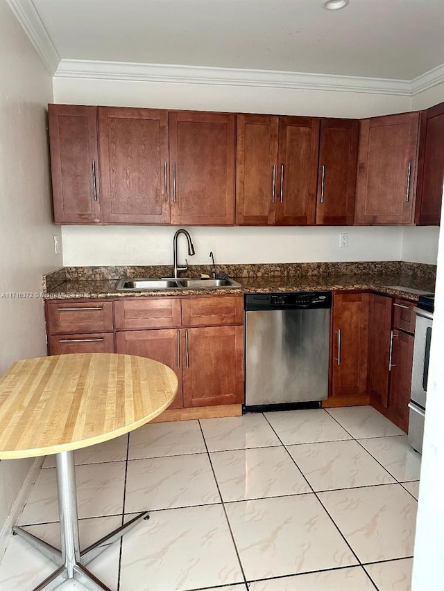 kitchen with stainless steel dishwasher, ornamental molding, sink, and dark stone counters