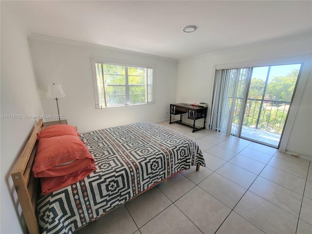 bedroom featuring access to exterior, light tile patterned floors, and ornamental molding