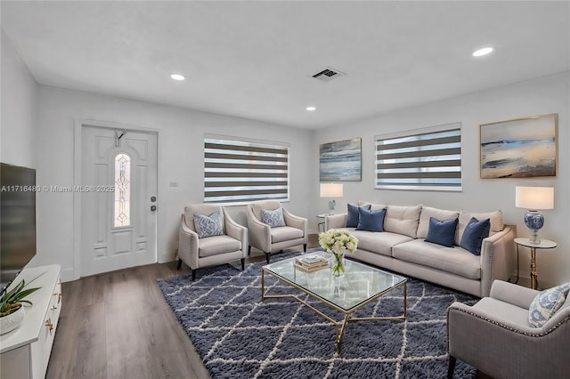 living room with dark hardwood / wood-style floors