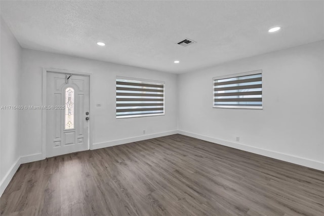 entrance foyer with a textured ceiling, dark hardwood / wood-style flooring, and plenty of natural light