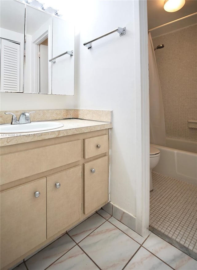 full bathroom with tile patterned flooring, vanity, shower / tub combo with curtain, and toilet