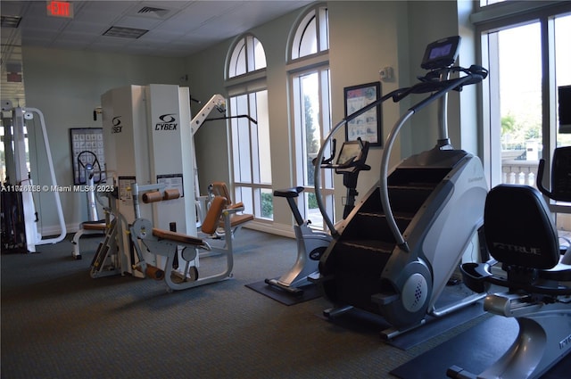 gym with a paneled ceiling and a wealth of natural light