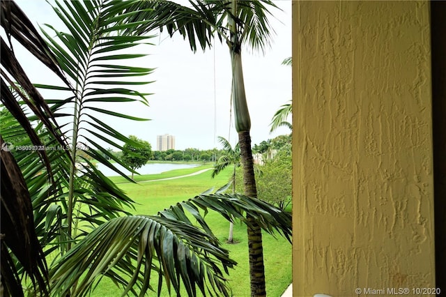 view of home's community with a lawn and a water view