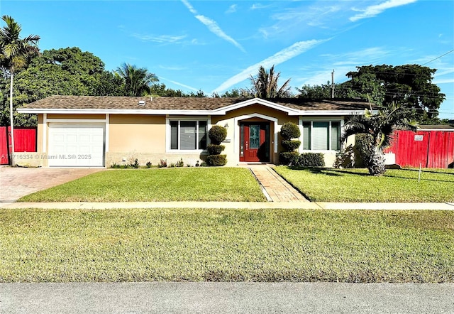 single story home featuring a garage and a front lawn