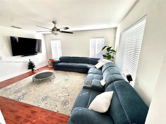 living room featuring ceiling fan and hardwood / wood-style floors