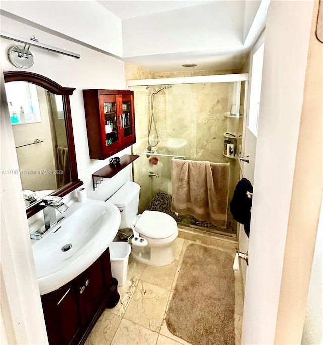 bathroom with vanity, a shower with shower door, and toilet