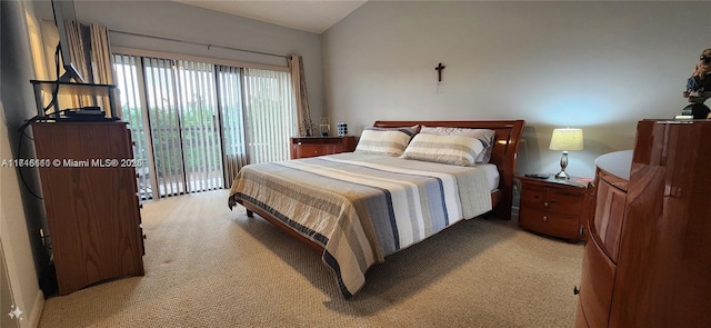 bedroom featuring access to outside, light colored carpet, and vaulted ceiling