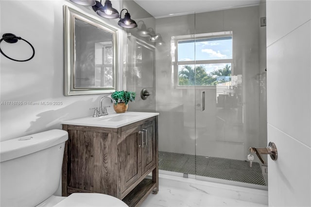 bathroom with a shower with door, vanity, and toilet