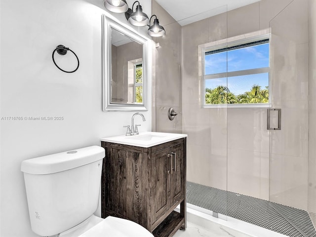 bathroom with tiled shower, vanity, and a wealth of natural light