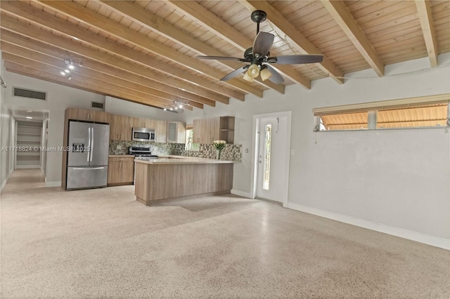 kitchen with wood ceiling, kitchen peninsula, stainless steel appliances, decorative backsplash, and high vaulted ceiling