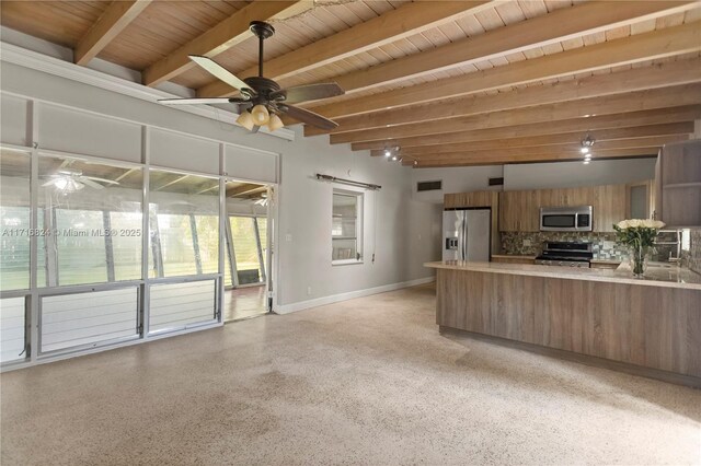 interior space featuring appliances with stainless steel finishes, beamed ceiling, tasteful backsplash, kitchen peninsula, and wooden ceiling