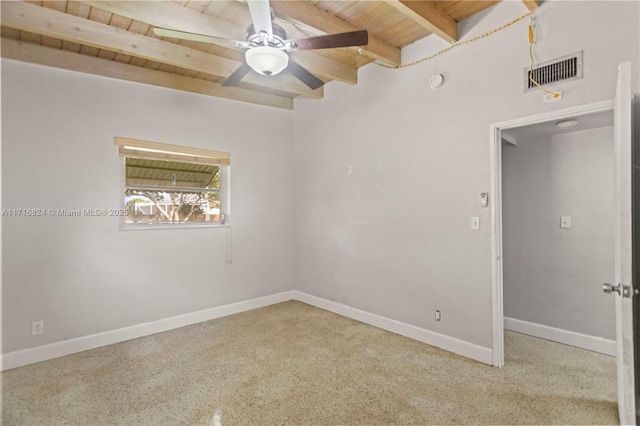 spare room featuring ceiling fan, wood ceiling, and beamed ceiling