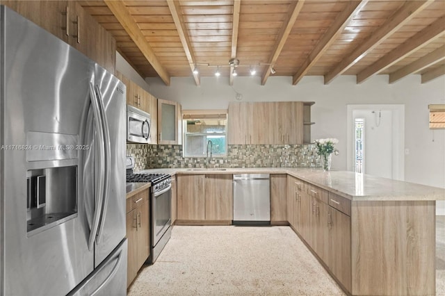 kitchen with backsplash, beam ceiling, kitchen peninsula, stainless steel appliances, and wooden ceiling